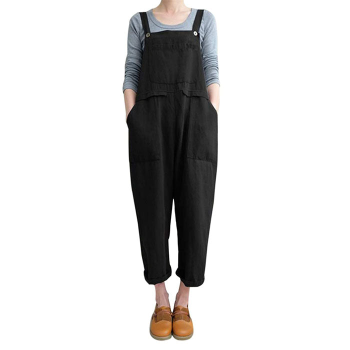 Beakey Women's Casual Baggy Cotton Linen Jumpsuit Overalls With Pockets-Black-5859