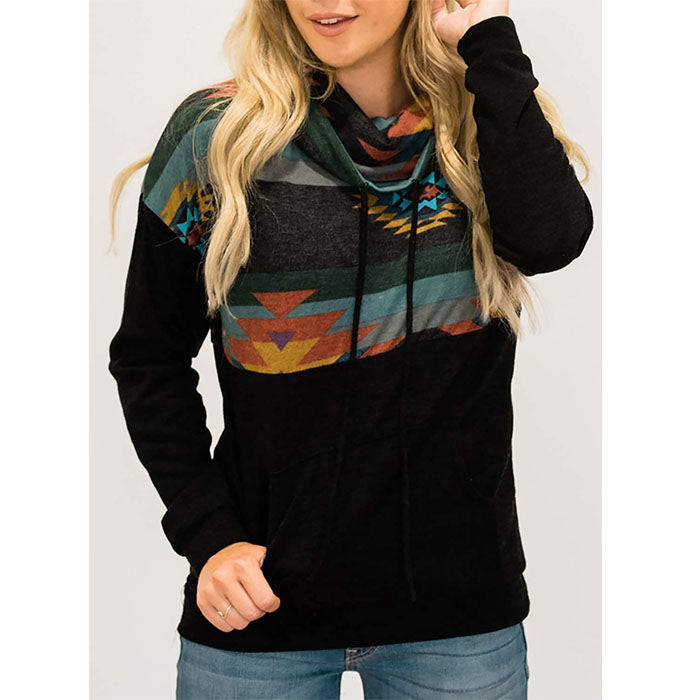 Beakey Women Turtleneck Color Block Pullover Sweatshirt Tops With Pockets-Black-HY201028