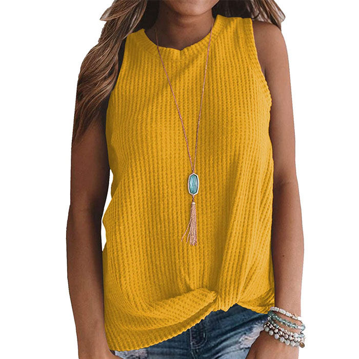 Beakey Womens Waffle Knit Vest Casual Blouse Sleeveless Twist Knot Tank Tops-Yellow-YT8829