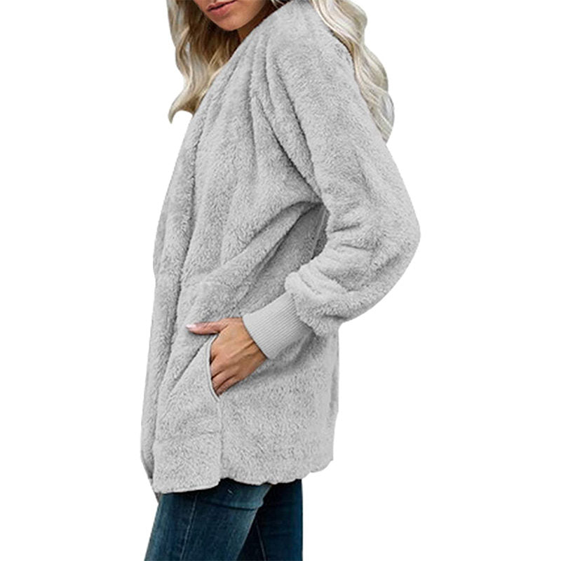 Beakey Womens Long Sleeve Fuzzy Fleece Jacket Hooded Cardigan Coat with Pockets-Grey