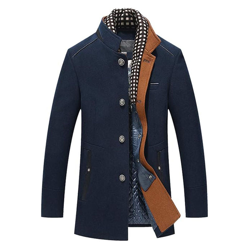 Beakey Mid Long Pea Coat for Men Single Breasted with Detachable Scarf-Navy Blue