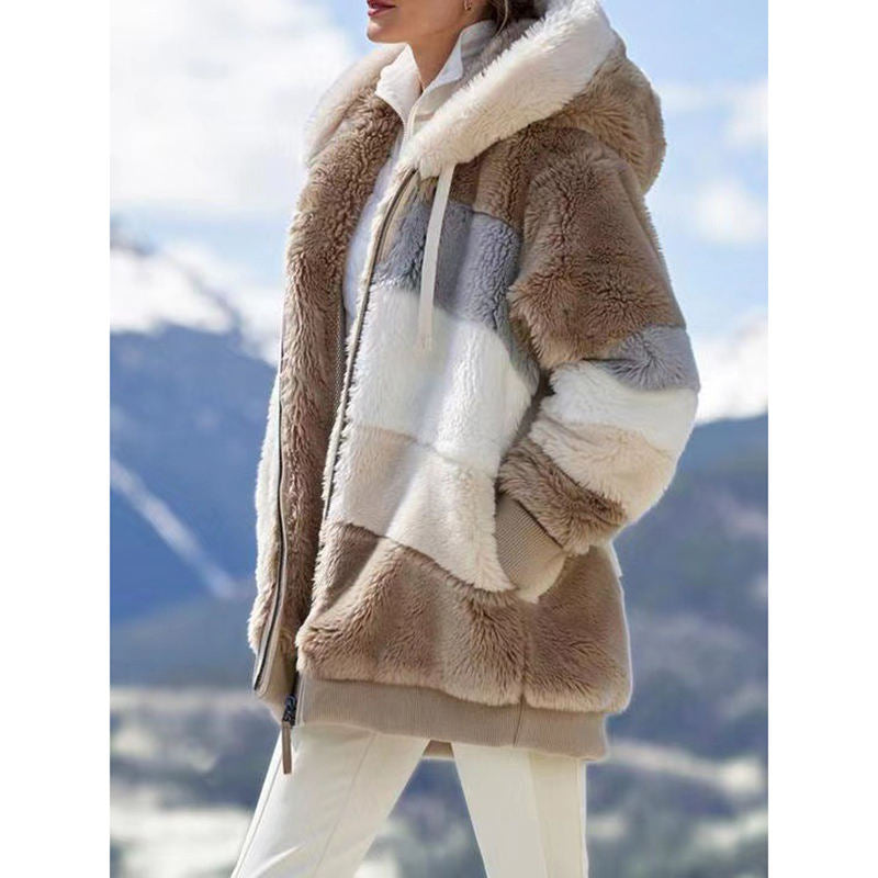 Beakey Womens Warm Coats Fuzzy Sherpa Hooded Jacket with Pockets-Khaki