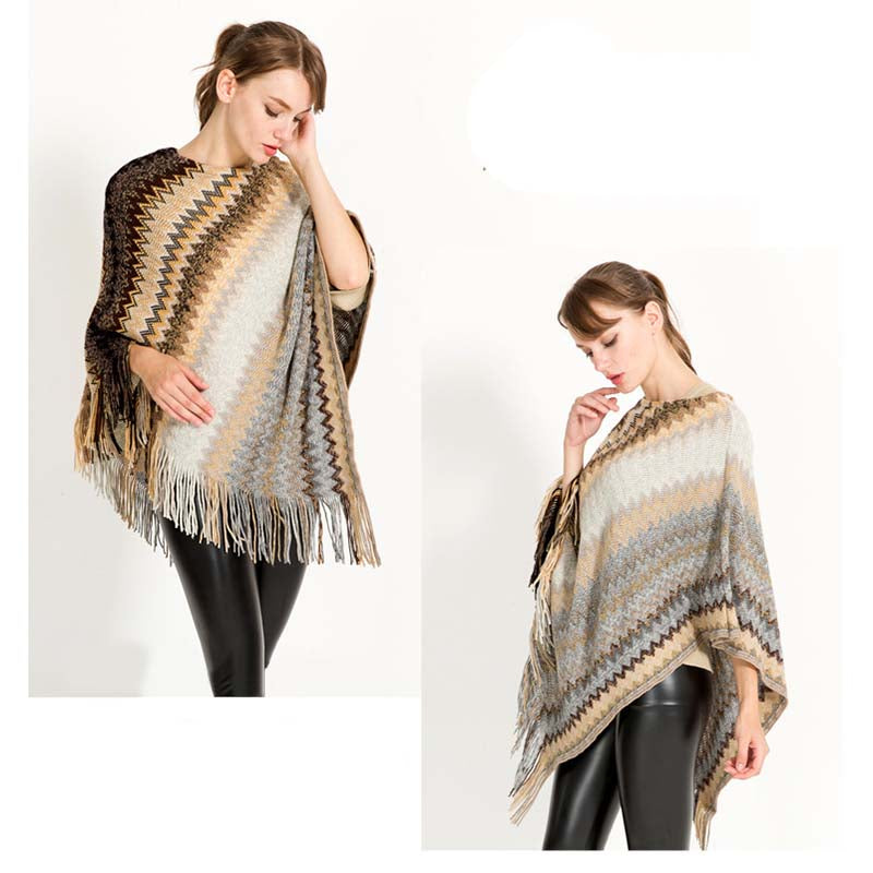 Beakey Womens Stripe Knitted Poncho Top with Tassel-Khaki