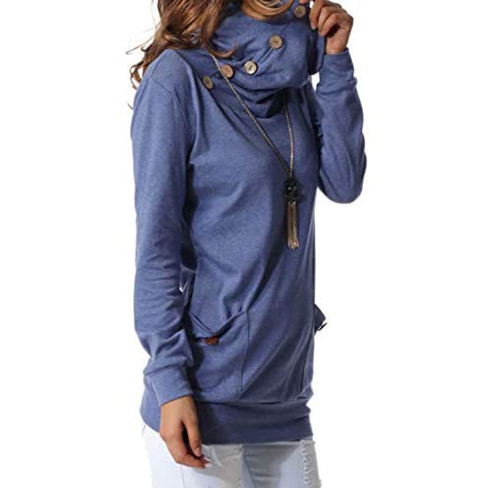 Beakey Womens Long Sleeve Buttons High Neck Casual Sweatshirts Tunic Tops With Pockets-Blue-T4554
