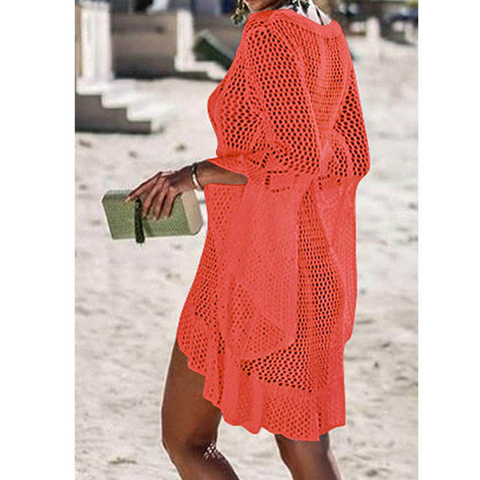 Beakey Women Beach Swimsuit for Women Flared Sleeves Coverups Bikini Loose Cover Up Net-Orange
