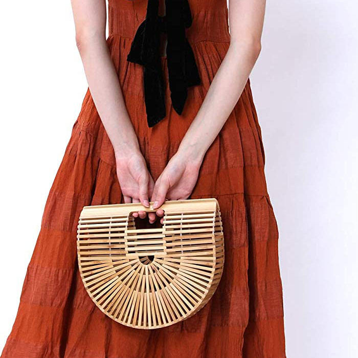 Beakey Retro Womens Bamboo Handbag Handmade Semicircle Tote Bag Wicker Basket Bag