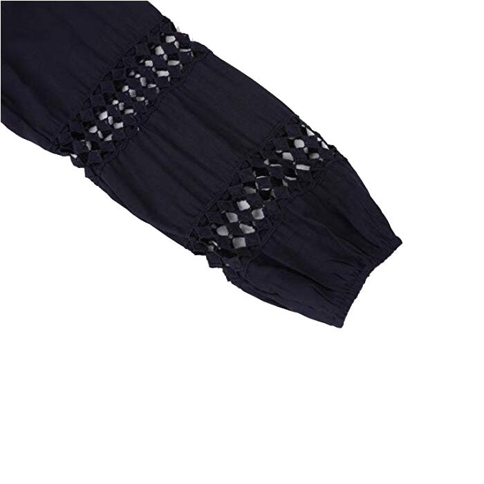 Beakey Womens V Neck Lantern Long Sleeve Blouse Hollow Out Casual Shirts-Dark Blue-80082
