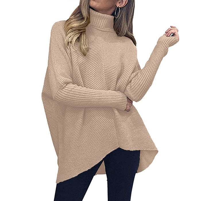 Beakey Womens Turtleneck Long Sweater Batwing Sleeve Asymmetric Hem Pullover Knit Tops-Apricot-YY528