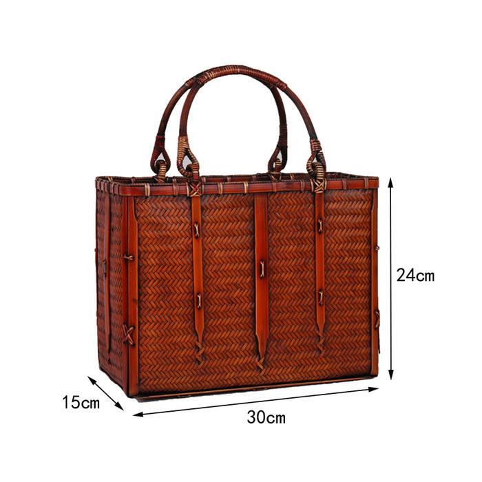 Beakey Retro Womens Bamboo Handbag Handmade Large Tote Bag Wicker Storage Basket Bag-Three Bars