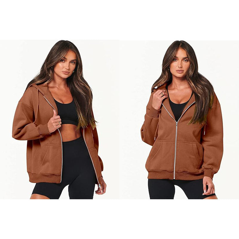 Beakey Womens Zip Up Hoodies with Pockets Y2K Oversized Sweatshirts-Coffee