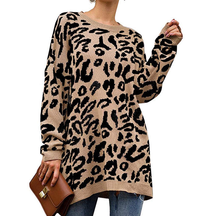 Beakey Women¡¯s Leopard Print Long Sleeve Knitted Oversized Pullover Sweaters-Khaki-HT20200301