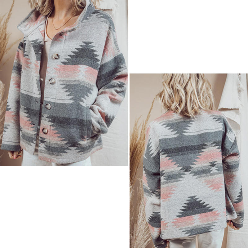 Beakey Womens Aztec Shacket Jacket Boho Wool Blend Coat with Pockets-Pink