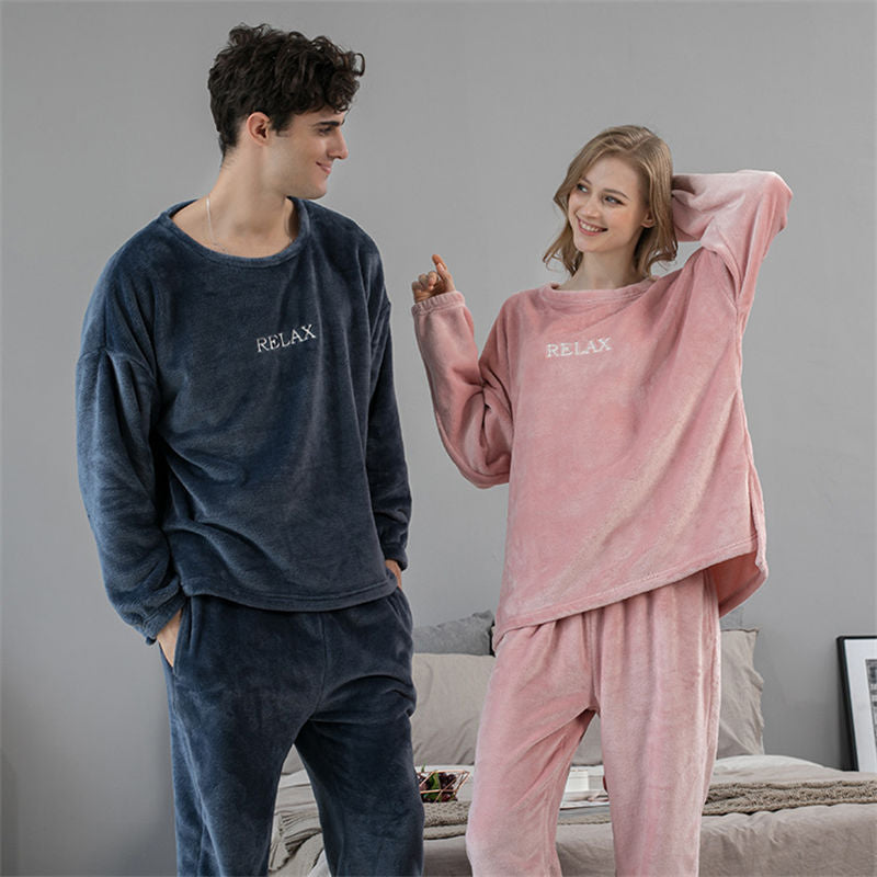 Beakey Crew Neck Flannel Pajamas Set for Women-Navy Blue