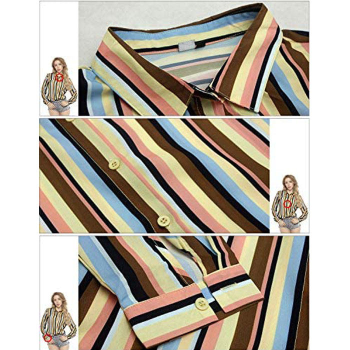 Beakey Women Autumn V Neck Striped Printing Roll up Sleeve Button Down Blouses Top-Yellow-623