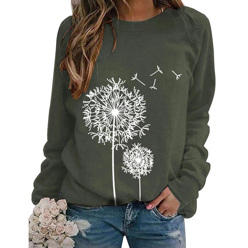Beakey Womens Long Sleeve Shirts Dandelion Printed Crewneck Sweatshirt-Green