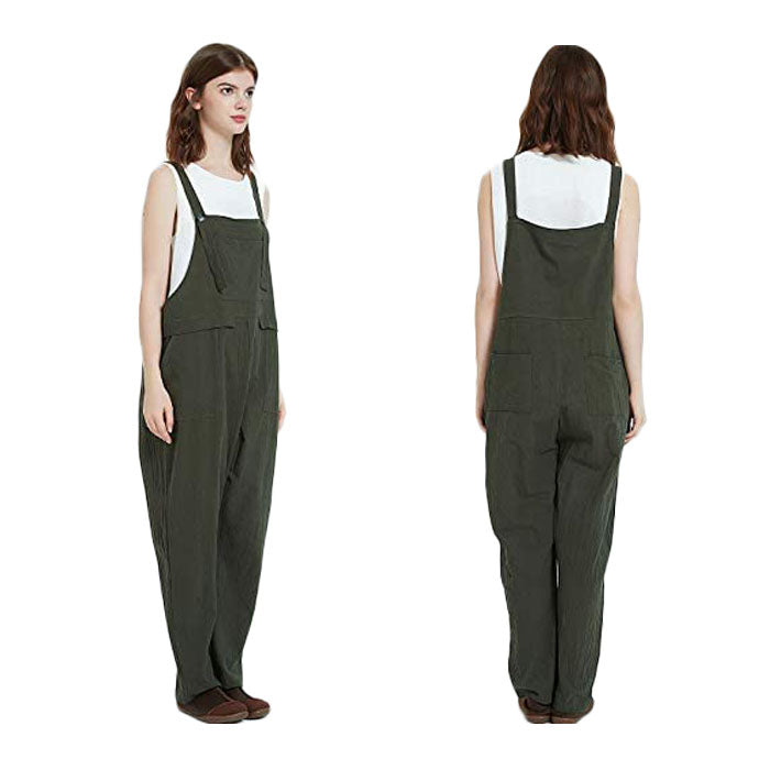 Beakey Women's Casual Baggy Cotton Linen Jumpsuit Overalls With Pockets-Green-5859