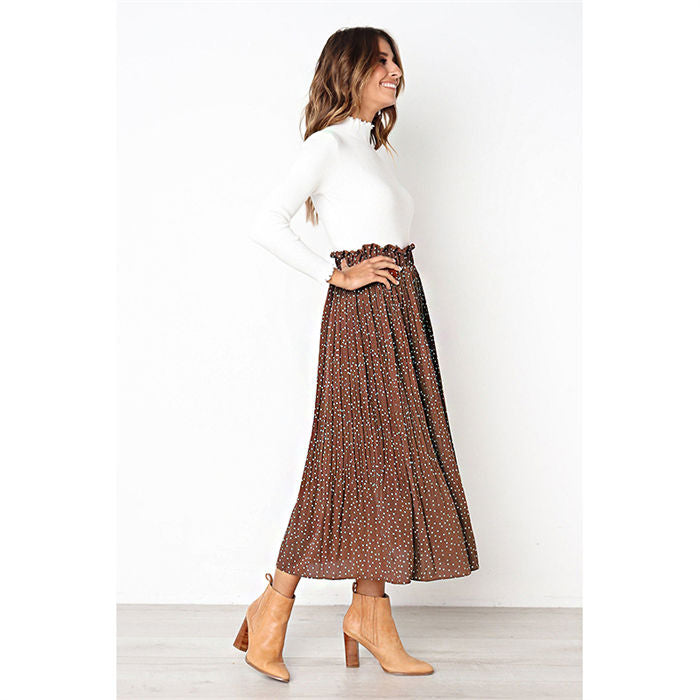 Beakey Womens High Waist Skirt Polka Dot Pleated Midi Maxi Swing Skirt High Elastic-Coffee-0387