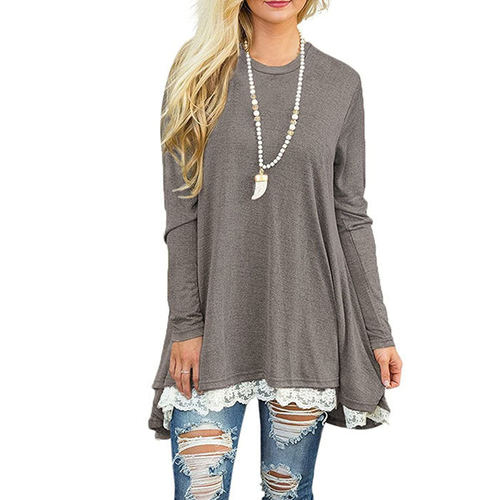 Beakey Women's Crew Neck Long Sleeve Lace Splicing Shirt Long Tunic Blouses-Gray-1228