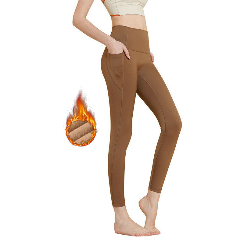 Beakey Womens Legging with Pockets High Waisted Fleece Lined Workout Pants-Coffee
