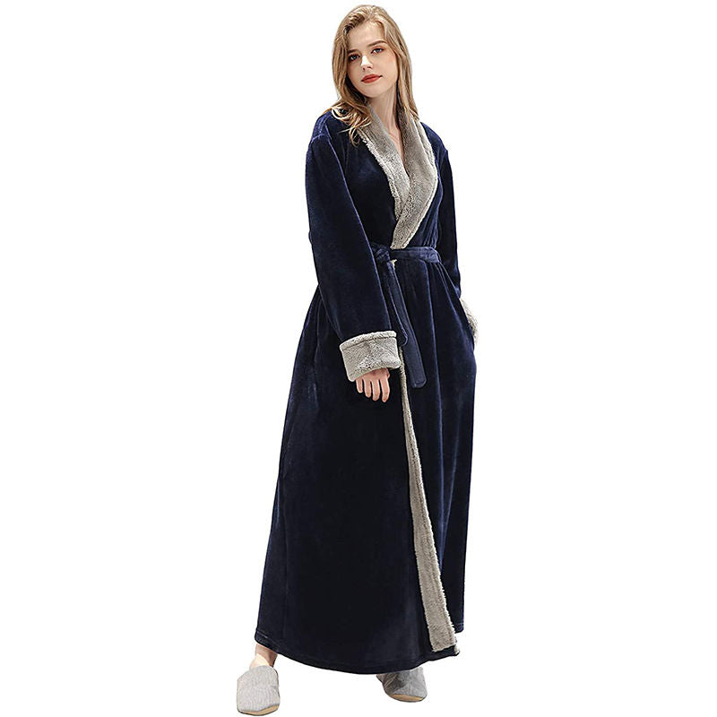 Beakey Womens Winter Robe Soft Plush Warm Spa Long Bathrobe Pajamas-Navy Blue