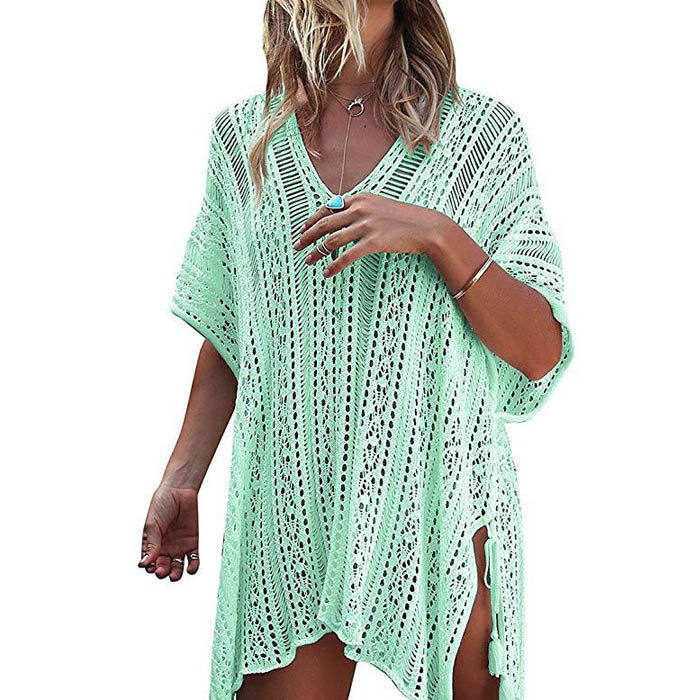 Beakey Women's Swimsuit Beach Bikini Loose Blouse Knitted Blouse Stylish Beach Cover up-Light Green