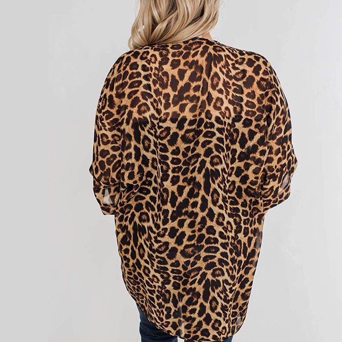 Beakey Women's Summer Floral Print Kimonos Loose Half Sleeve Chiffon Cardigan Blouses Casual Cover Up - Leopard