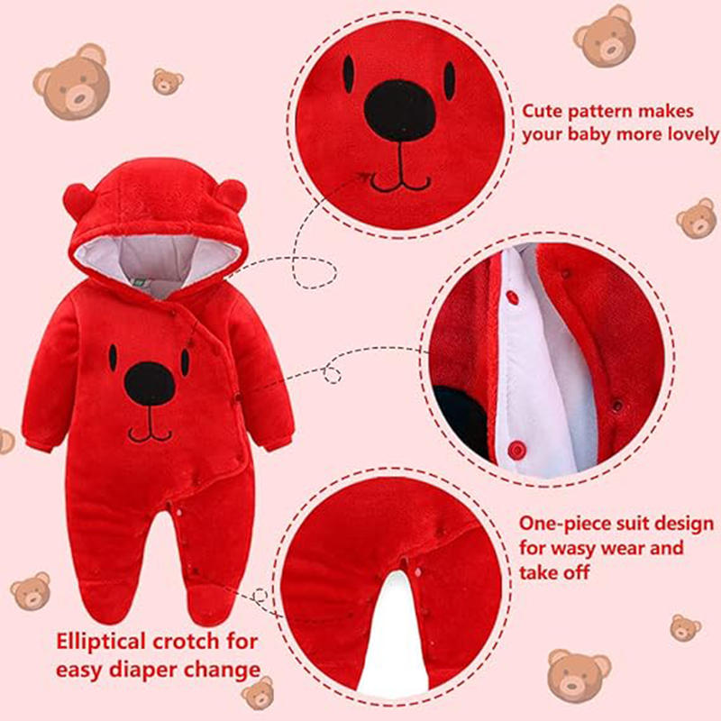 Beakey Cute Bear Hooded Snowsuit for Baby Button Footie Fleece Jumpsuit-Red