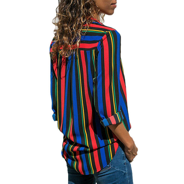 Beakey Women Autumn V Neck Striped Printing Roll up Sleeve Button Down Blouses Top-Blue-623
