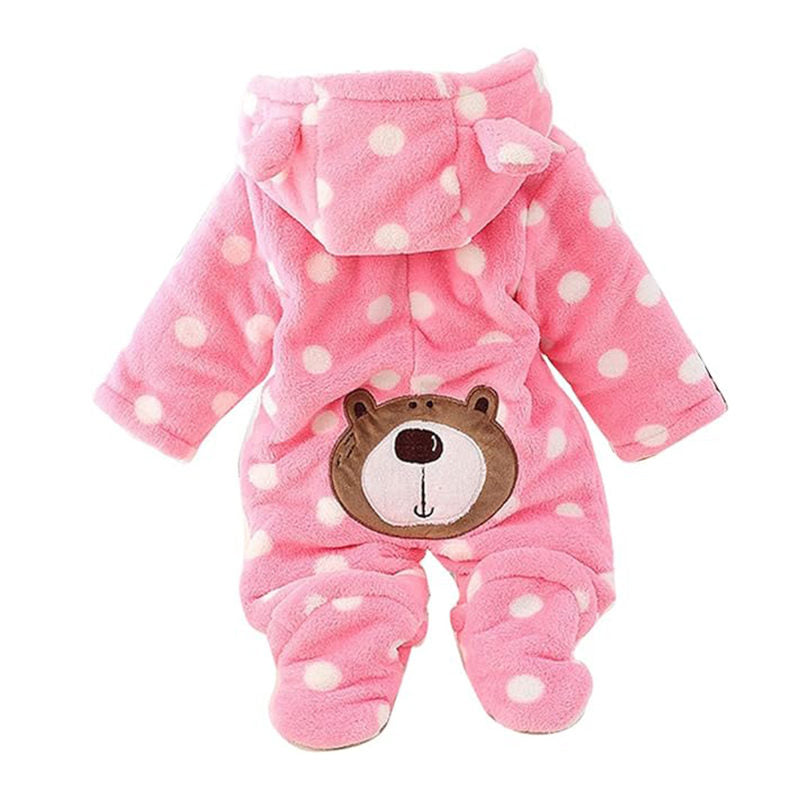 Beakey Newborn Flannel Jumpsuit with Hood Button Down Winter Rompers-Pink Dot