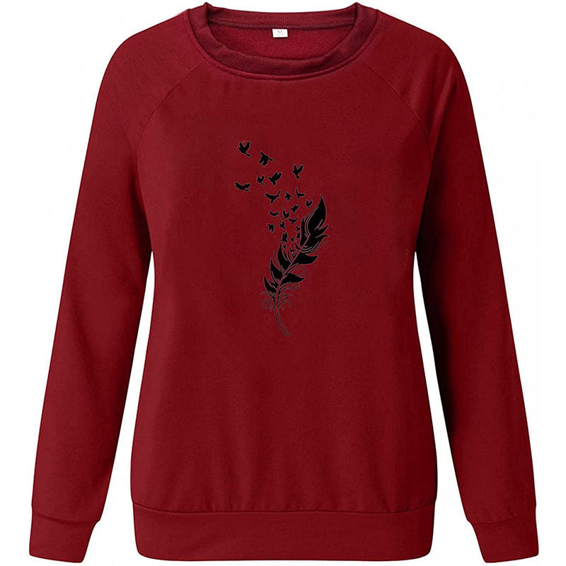 Beakey Womens Casual Long Sleeve T-Shirt Crew Neck Pullover-WineRed Black