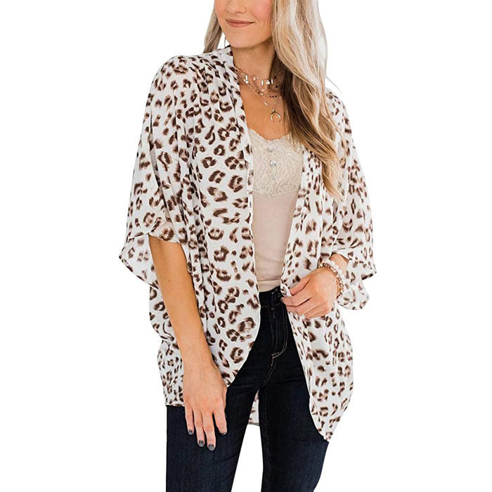 Beakey Women's Summer Floral Print Kimonos Loose Half Sleeve Chiffon Cardigan Blouses Casual Cover Up - White Leopard
