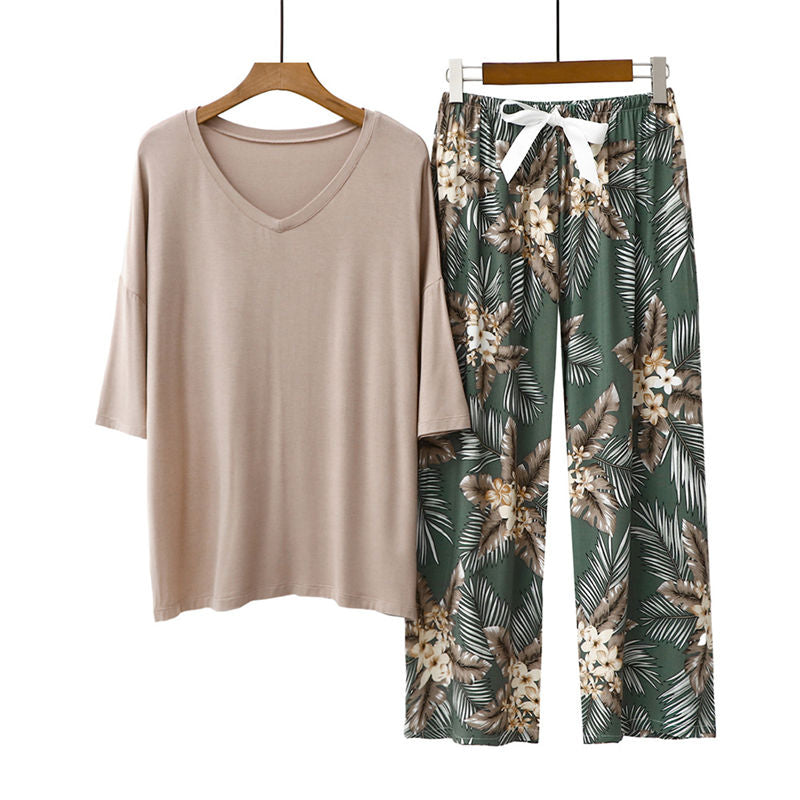 Beakey Womens Pajama Set Print Sleepwear Soft V-Neck Short Sleeve Top With Pants-21