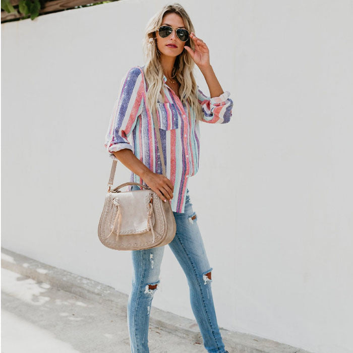 Beakey Women V Neck Long Sleeve Striped Casual Button Down Blouses Tops--Pink Purple-T6755