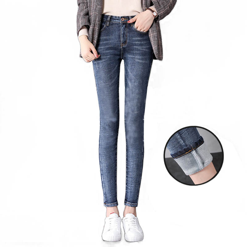 Beakey Womens Fleece Jeans with Pockets High Waist Stretch Trousers-1698-Retro Blue