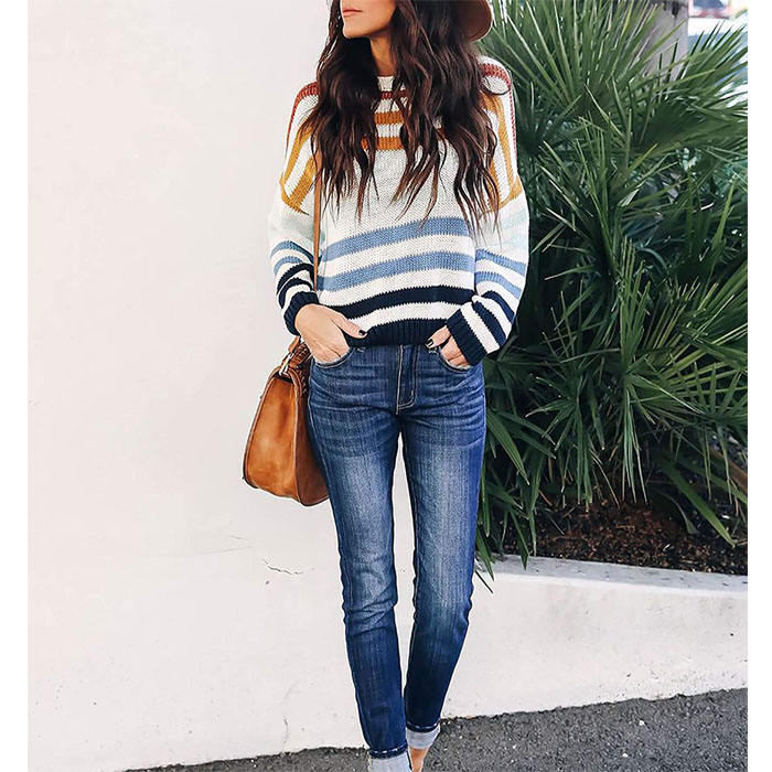 Beakey Women Sweaters Long Sleeve Crew Neck Striped Oversized Casual Knitted Tops-Navy-F80134