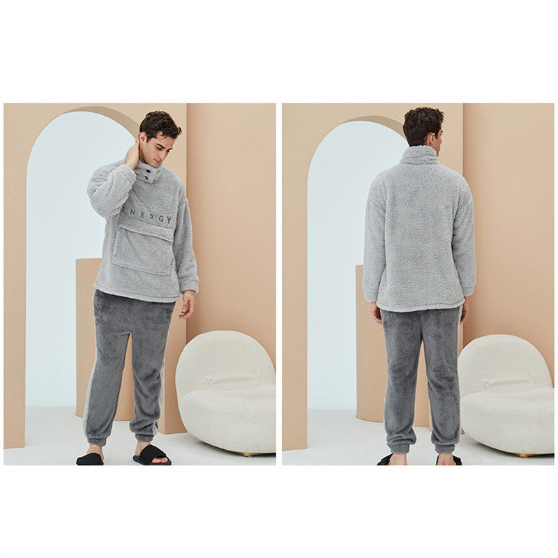Beakey Thickening Coral Fleece Pajamas Set for Women-LightGrey