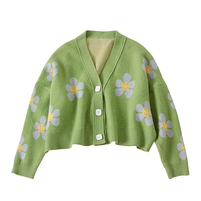 Beakey Womens Flower Cardigan V Neck  Button Down Open Front Sweater-Green