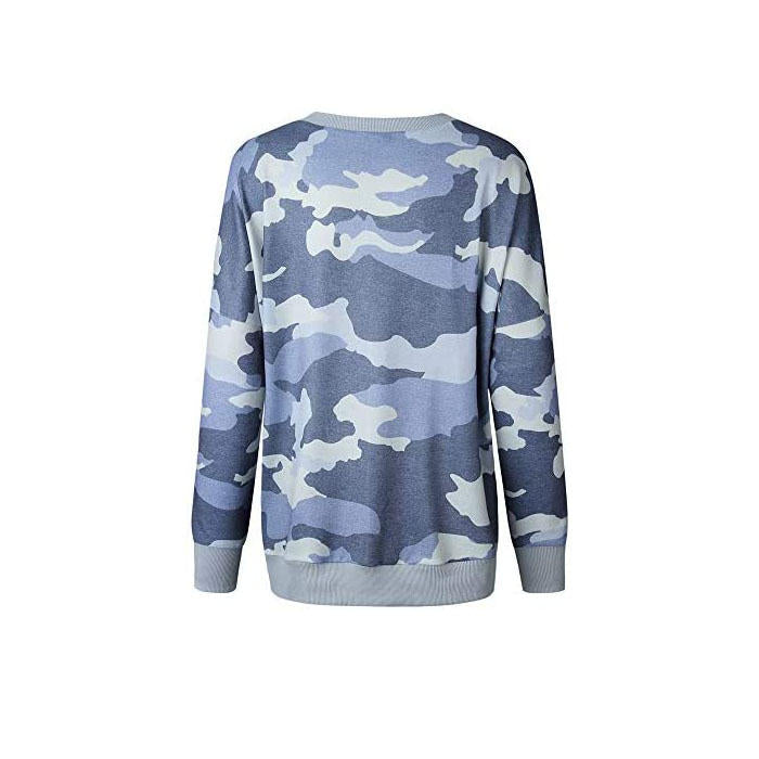 Beakey Womens Sweatshirts Camo Print Crew Neck Long Sleeve Casual TopsBlue-202024