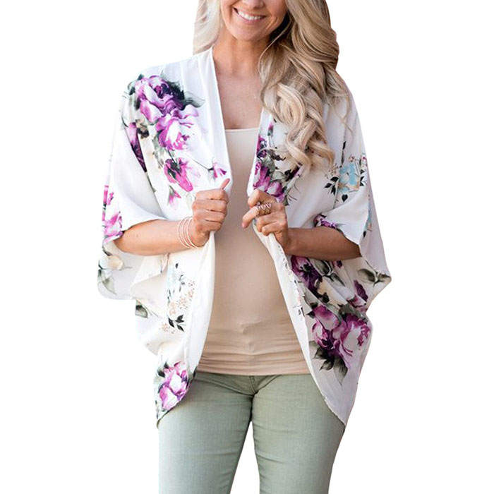 Beakey Women's Summer Floral Print Kimonos Loose Half Sleeve Chiffon Cardigan Blouses Casual Cover Up - White Flower