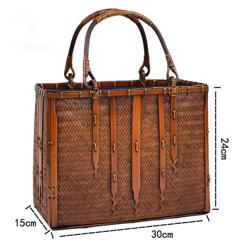 Beakey Retro Womens Bamboo Handbag Handmade Large Tote Bag Wicker Storage Basket Bag-Five Bars