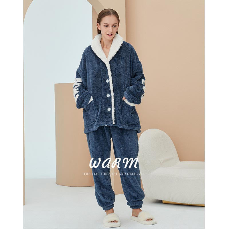 Beakey Womens Winter Fleece Pajamas Set Warm Loungewear-Navy Blue