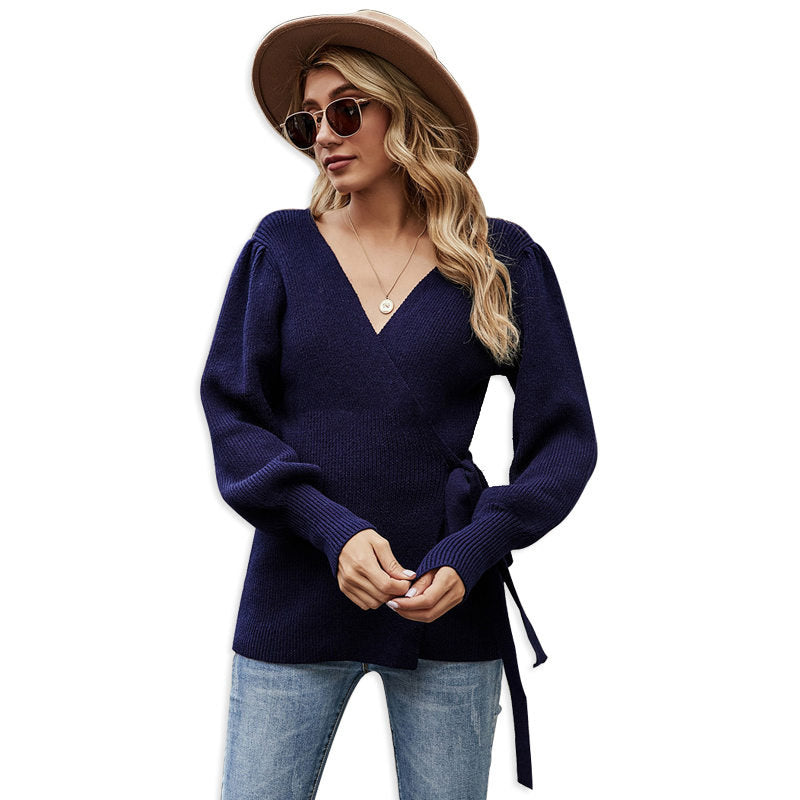 Beakey Womens Sexy V Neck Oversized Sweater Balloon Sleeve Knit Pullover-Navy Blue