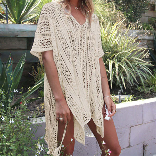 Beakey Women's Swimsuit Beach Bikini Loose Blouse Knitted Blouse Stylish Beach Cover up-Apricot