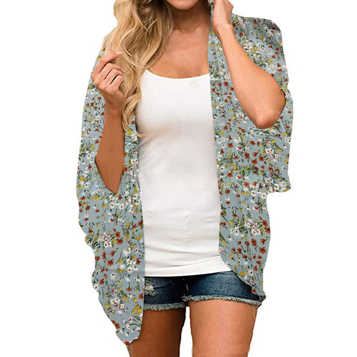 Beakey Women's Summer Floral Print Kimonos Loose Half Sleeve Chiffon Cardigan Blouses Casual Cover Up - Blue Emerald Flower