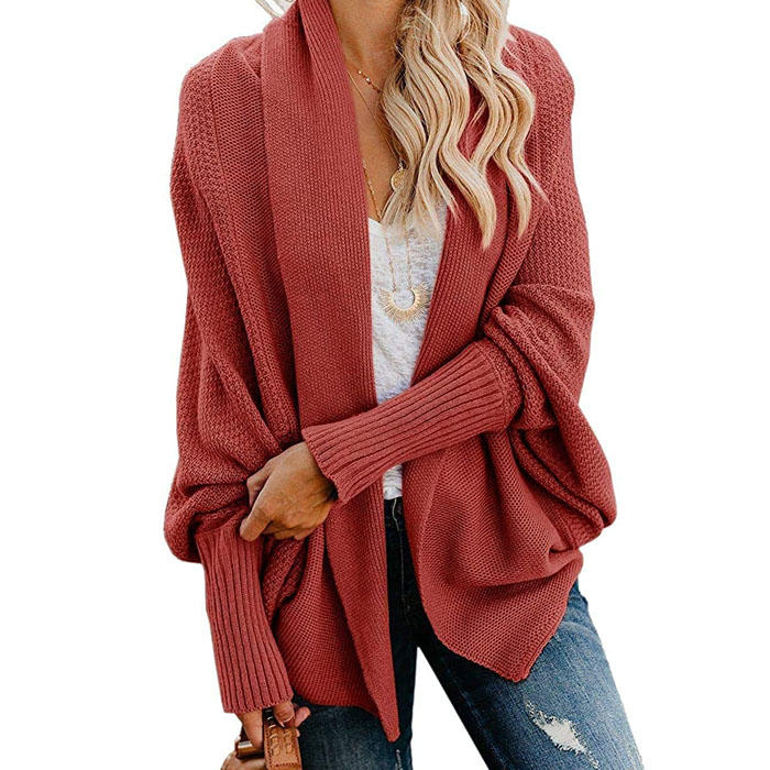 Beakey Women's Batwing Knitted Oversized Slouchy Solid Cardigan Sweater Knit Outwear-Rust Red