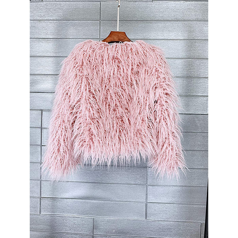 Beakey Womens Shaggy Faux Fur Outwear Short Thermal Coat-Pink