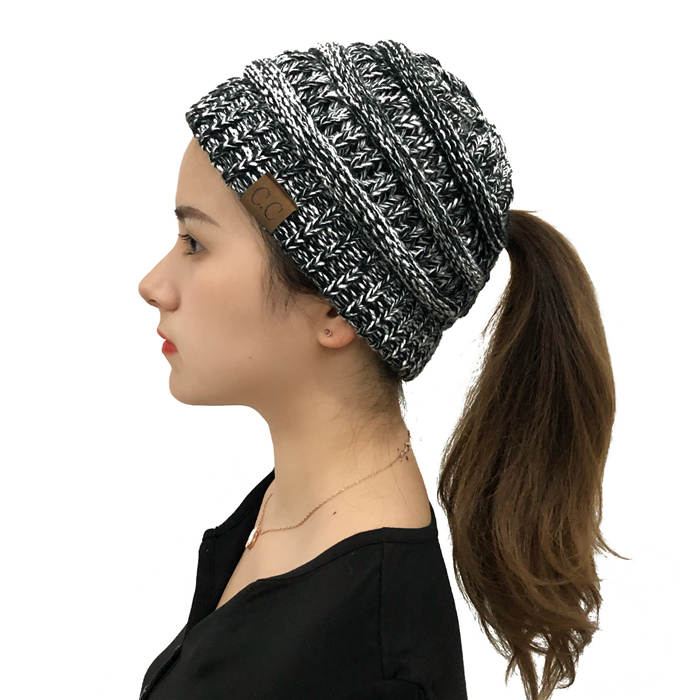 Beakey Soft Stretch Cable Knit Hat Ponytail Beanie Winter Hat For Women-Black Flower