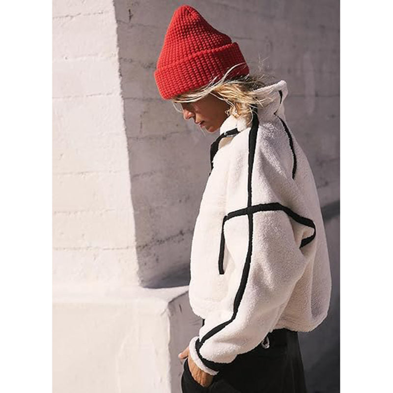 Beakey Womens Fleece Sweatshirts Half Zip Workout Crop Tops with Pockets-White