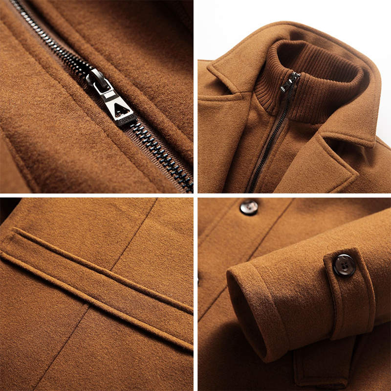 Beakey Mens Pea Coat Wool Blend Single Breasted Overcoat for Winter-Camel