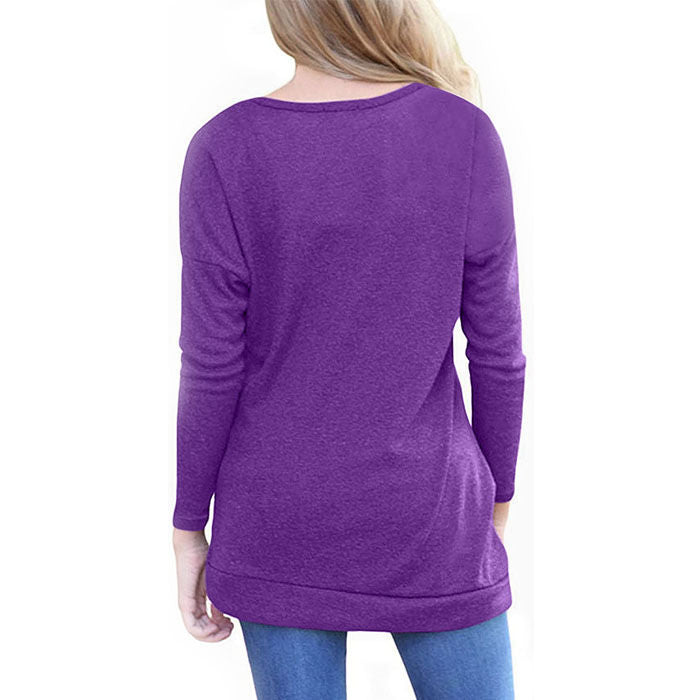 Beakey Women's Casual Long Sleeve Round Neck Loose T Shirt Blouse Tops-Purple-88041